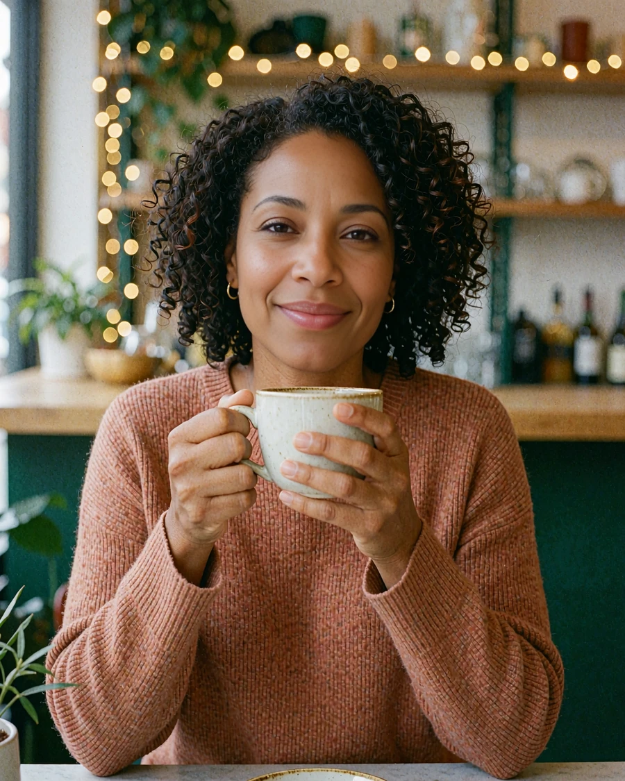 Woman with natural curly hair in a rust sweater holding a coffee mug, preview card for meeting singles online in the USA