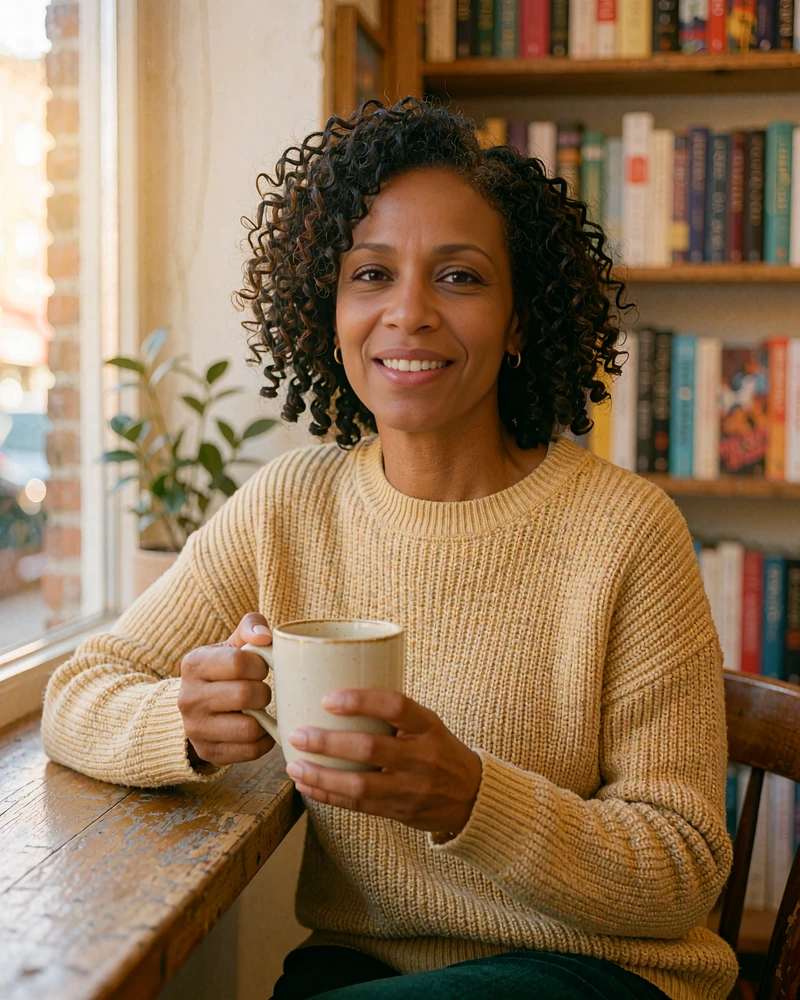 Woman with natural curls in a mustard sweater holding a mug at a bookstore café window, sample profile for meeting singles online