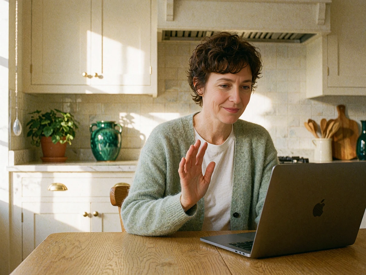 Woman in a sage cardigan smiling and waving at her laptop during a video call at a sunlit kitchen table, video chat dating sites