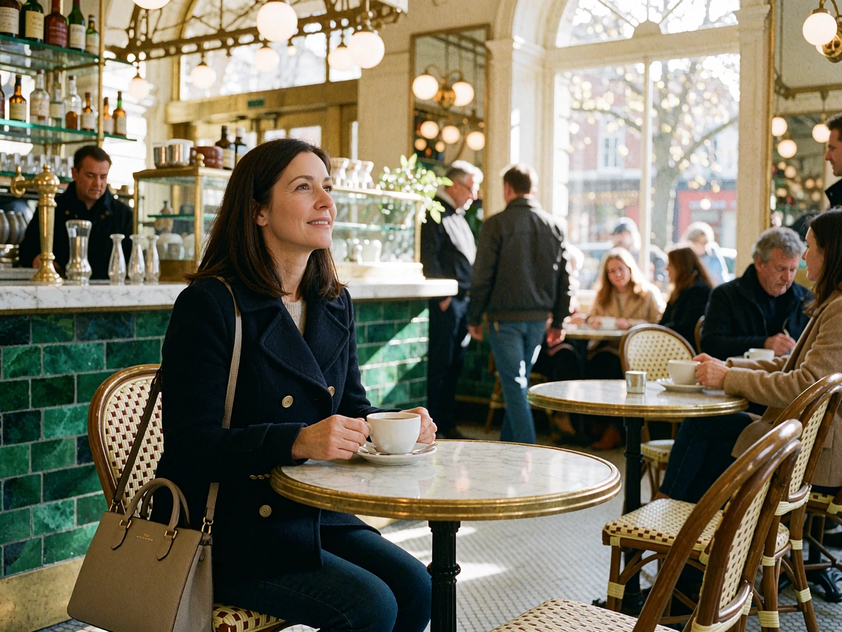 Woman in a navy peacoat waiting with a cup of tea at a marble table in a busy daytime café, illustrating a safe first date in public