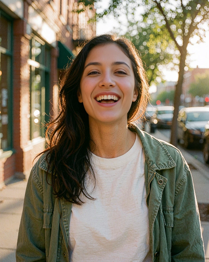 Laughing woman in an olive utility jacket on a city sidewalk at golden hour, example dating profile card for casual or serious dating