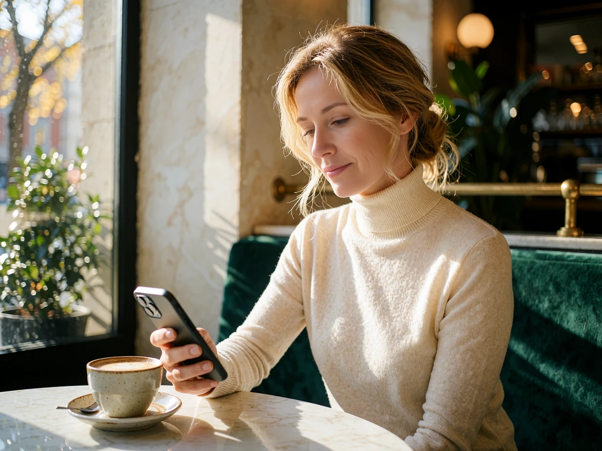 Woman in a cream turtleneck smiling at her phone at a marble café table, showing how to meet a woman online