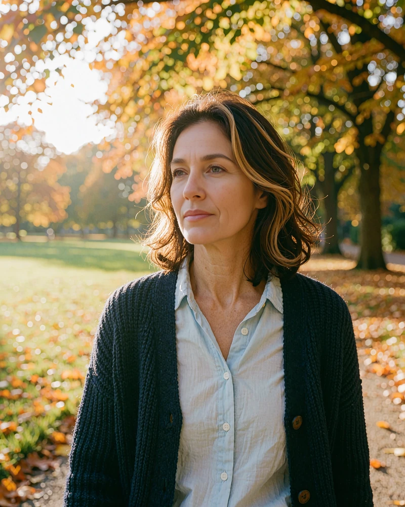 Woman in a navy cardigan walking a tree-lined park path in autumn, illustrative profile preview for mature singles in the USA