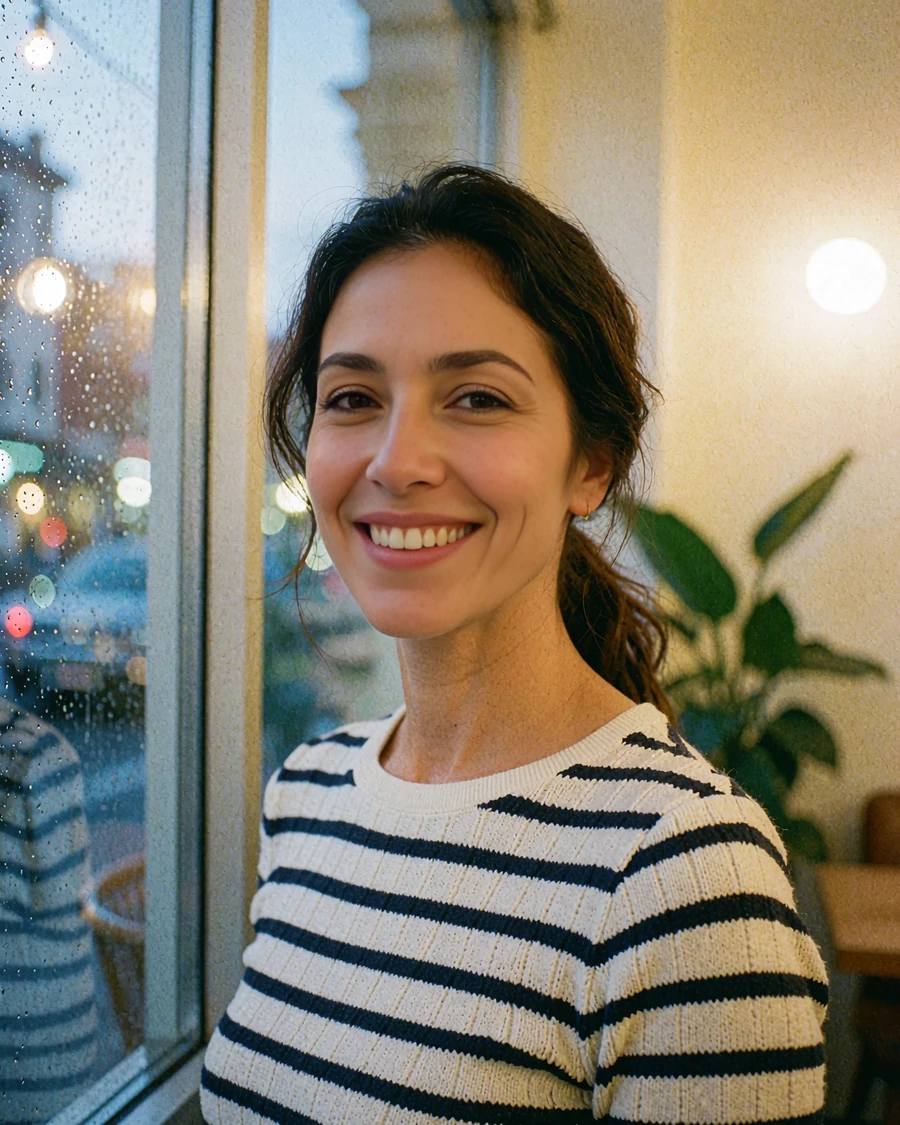 Woman with a dark ponytail in a striped top smiling by a café window at dusk, illustrative dating site profile preview