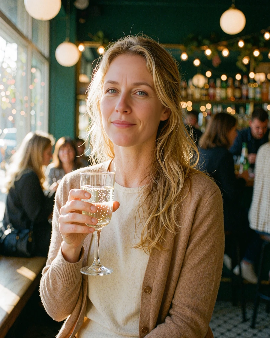 Blonde woman in a camel cardigan smiling at a café bar, illustrative profile preview for singles chat on Dialogmia