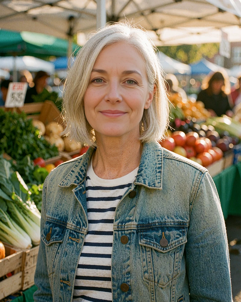 Woman with a silver-blonde bob in a denim jacket and striped tee at a farmers market, illustrative singles profile preview