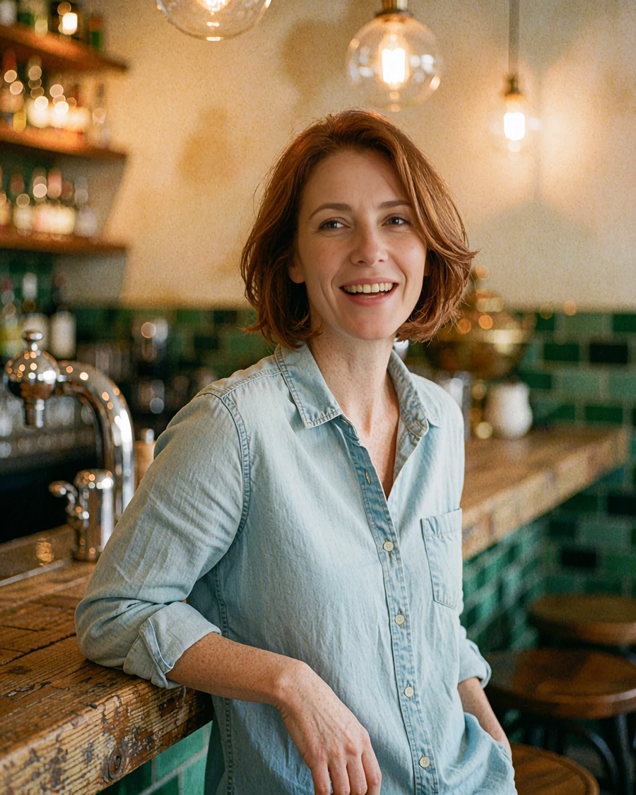 Woman with an auburn bob in a chambray shirt laughing at a wooden bar, example online dating profile from the Midwest