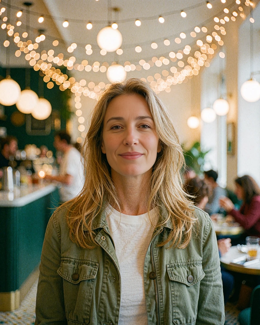 Woman with light-brown hair in an olive jacket in a busy café, sample dating profile card for serious relationships
